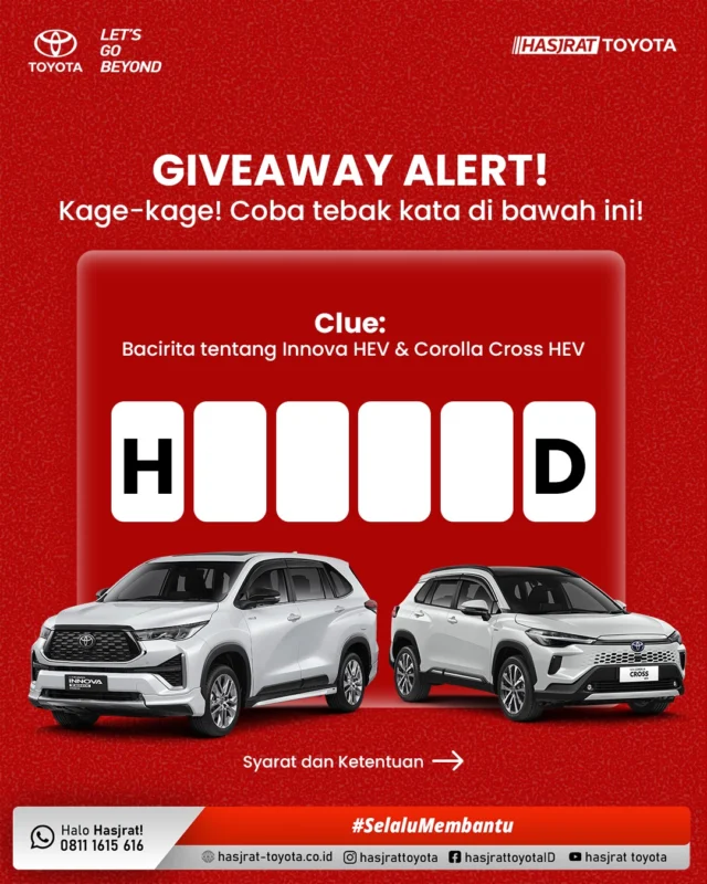 Ngana pe mata elang so siap? Ada Giveaway Alert dari Hasjrat Toyota! 🎉

Cara Ikutannya Gampang Skali, Bro/Sis!
1. Dapatkan E-wallet Rp 150.000 for 3 pemenang! 💰
2. Follow Instagram @hasjrattoyota deng fan page Facebook Hasjrat Toyota.
3. Tulis ngoni pe jawaban di kolom komentar, kong jangan lupa tag 3 teman yang paling jago tebak-tebak!
4. Like 5 postingan teratas di Instagram & fan page Facebook Hasjrat Toyota.
5. Like & share postingan ini (jang lupa tag pa torang, neh!)

Periode Kuis: 23 - 30 Juni 2025 Pengumuman Pemenang: 5 Juli 2025

#Giveaway #SobatHasjrat #SelaluMembantu #ToyotaIndonesiaCommunity #InfoToyota #HasjratToyota #ToyotaIndonesia #manado #ternate #sulawesi #maluku #papua #papuabarat