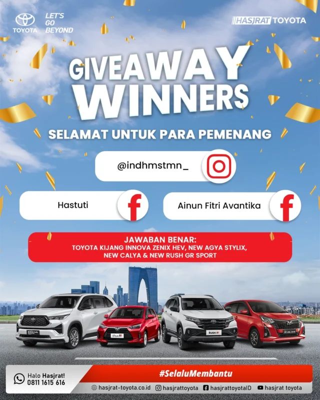 🎉 SELAMAT KEPADA PEMENANG GIVEAWAY JUNI #1 HASJRAT TOYOTA! 🎉

Berikut adalah 3 pemenang yang berhasil mendapatkan hadiah e-wallet dengan total hadiah Rp150.000 dari Hasjrat Toyota!

⭐ Facebook
⭐ Instagram

📩 Buat para pemenang, segera DM kami untuk klaim hadiah, ya! Yang belum menang, jangan sedih! Masih banyak giveaway seru lainnya dari Hasjrat Toyota! Stay tuned dan jangan lupa follow biar nggak ketinggalan info promo dan hadiah menarik lainnya!

#SobatHasjrat #SelaluMembantu
#toyotaindonesiacommunity #infotoyota #ternate #sulawesi #maluku #papua #papuabarat #SetiaSamaToyota #HasjratToyota #ToyotaIndonesia