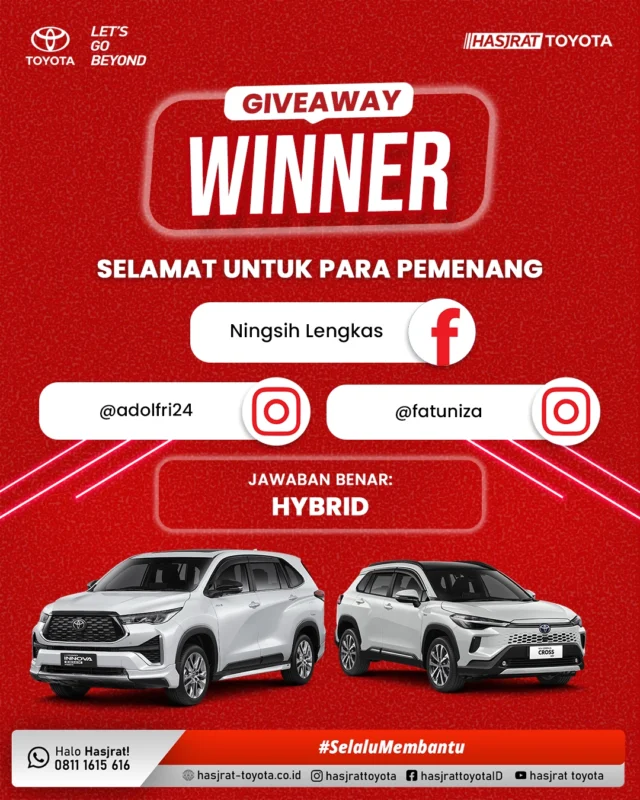 🎉 SELAMAT KEPADA PEMENANG GIVEAWAY HASJRAT TOYOTA! 🎉

Berikut adalah 3 pemenang yang berhasil mendapatkan hadiah e-wallet dengan total hadiah Rp150.000 dari Hasjrat Toyota!
⭐ Ningsih Lengkas (Facebook)
⭐ @adolfri24 (Instagram)
⭐ @fatuniza (Instagram)

📩 Buat para pemenang, segera DM kami untuk klaim hadiah, ya! Yang belum menang, jangan sedih! Masih banyak giveaway seru lainnya dari Hasjrat Toyota! Stay tuned dan jangan lupa follow biar nggak ketinggalan info promo dan hadiah menarik lainnya!

#SobatHasjrat #SelaluMembantu #toyotaindonesiacommunity #infotoyota #ternate #sulawesi #maluku #papua #papuabarat #SetiaSamaToyota #HasjratToyota #ToyotaIndonesia